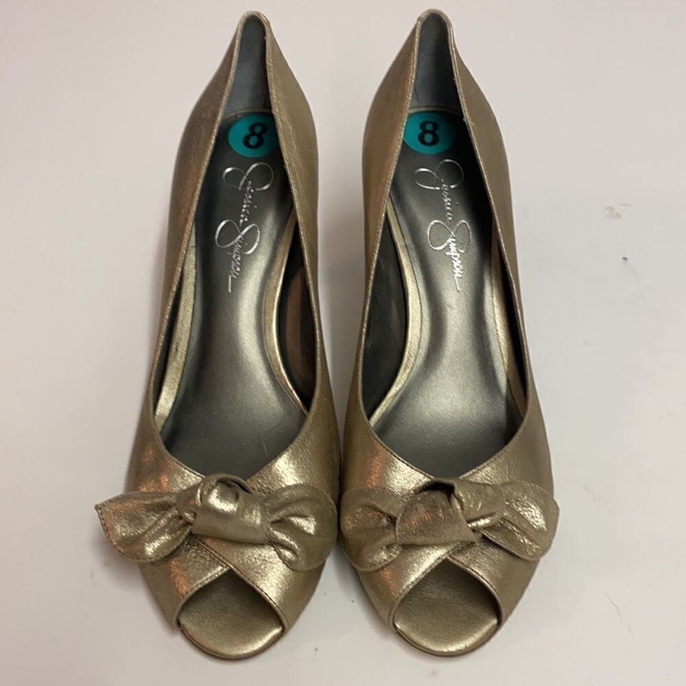 Jessica Simpson Gold Metallic‎ peep Toe Heels Shoes A10